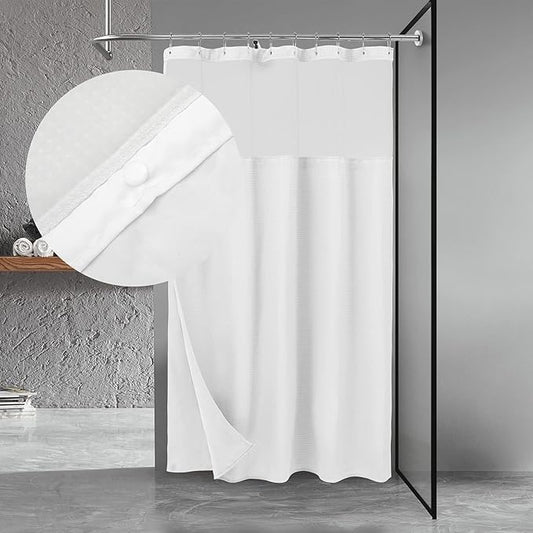 N&Y HOME 54 Inch Waffle Weave Shower Curtain with Snap-in Fabric Liner & 12 Metal Hooks Set - 54" x 72" Shower Stall Size, Hotel Style & Mesh Top Window, Machine Washable - White, 54x72