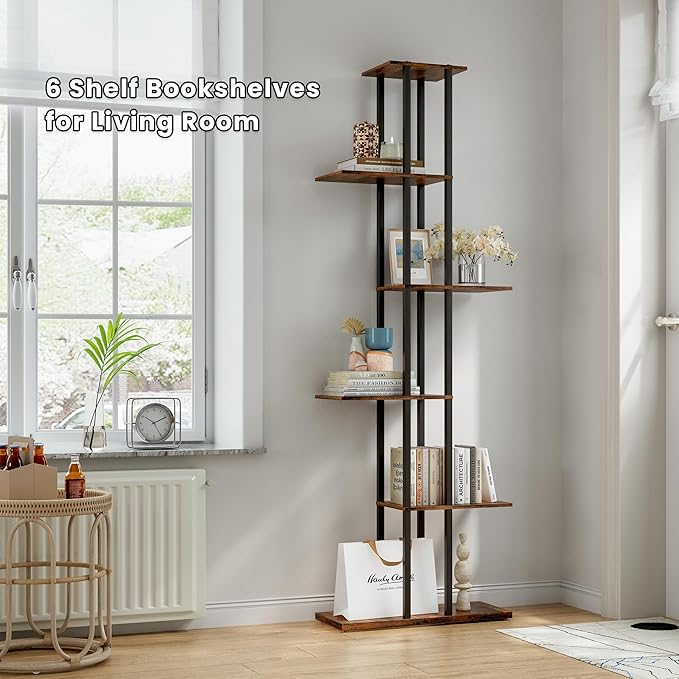 Bookshelf，Small Bookcase for Small Space，6-Tier Bookshelf for Living Room, Home Office, Study，9.45 x 20.8 x 62.2 Inches,Rustic Borwn