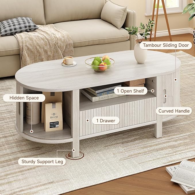 47.2 Inch Oval Coffee Table with Storage, Mid Century Modern Coffee Table with Drawer, Center Table with Sliding Door and Wood Fluted Handle for Living Room, Natural White