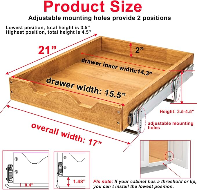 DINDON 1 Tier Pull Out Cabinet Organizer (17" W x 21" D) Single Tier Heavy Duty Slide Out Wood Drawer Under Cabinet Shelf Organization Storage