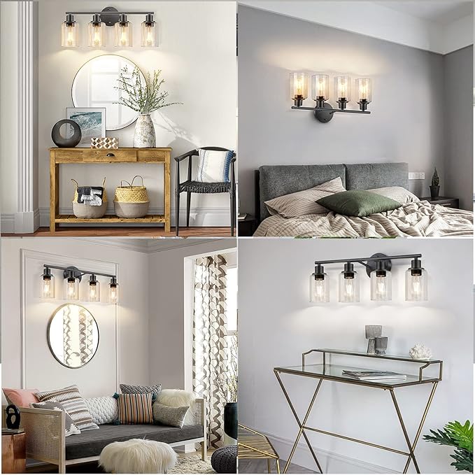 FOLKSMATE Bathroom Light Fixtures, 4 Light Matte Black Vanity Light, Vintage Wall Sconces Lighting, Modern Bath Wall Mounted Lights with Glass Shade