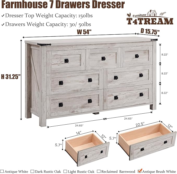 T4TREAM Farmhouse 7 Drawers Dresser for Bedroom, Wood Rustic Dresser Tv Stand, Storage Dressers Organizer for Bedroom, Living Room,Hallway, Antique Brush White