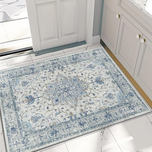 Area Rugs 2'x4' Washable Non-Slip, Floral Vintage Distress Print Pattern Medallion Carpet for Living Room Bedroom Dining Room, Light Blue Navy Beige Gray White
