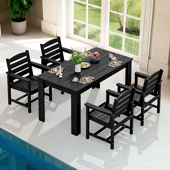 SERWALL HDPE Dining Set for 4, Outdoor Dining Sets for 4 Person with 1 Umbrella Hole Cut-Out Rectangular Table and 6 Chairs, Patio Dining Sets for Garden, Backyard, Poolside, Black