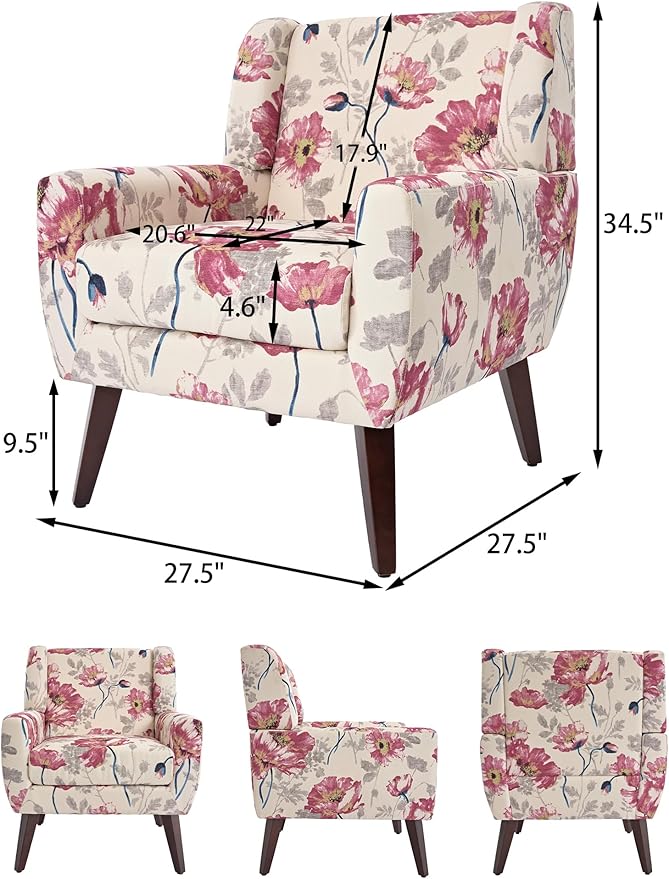 Accent Chairs, Modern Linen Blend Arm Chair for Living Room, Bedroom, Comfy High-Resilient Sponge Reading Chair for Small Spaces (Pattern Pink Floral, Set of 2)