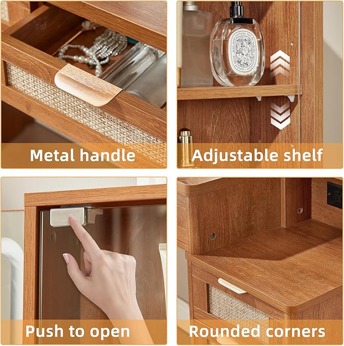 LEYAOYAO Vanity Desk with Mirror and Lights, 43.5'' Makeup Vanity Set with Stool 6 Drawers and Adjustable Shelves, Rattan Wood Make Up Vanity Dressing Table with Glass Top and Power Outlet for Bedroom