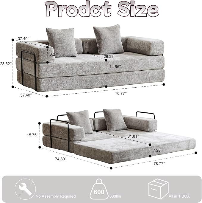 Convertible Sofa Bed, Compression Futon Sofa with Pillows & Armrest, Foldable Mattress Couch with Fixed-Shape Frame, Comfy Couch Lounge Sleeper Bed for Living Room Bedroom, Light Gray