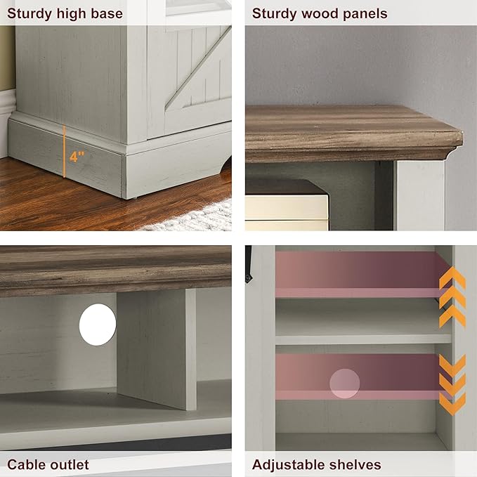 Fireplace TV Stand for 70" TV, Farmhouse Entertainment Center with 26” Fireplace Heater, Auto-Power-Off Door Sensor, TV Console with Sliding Barn Door, Adjustable Shelves, Jasmine White