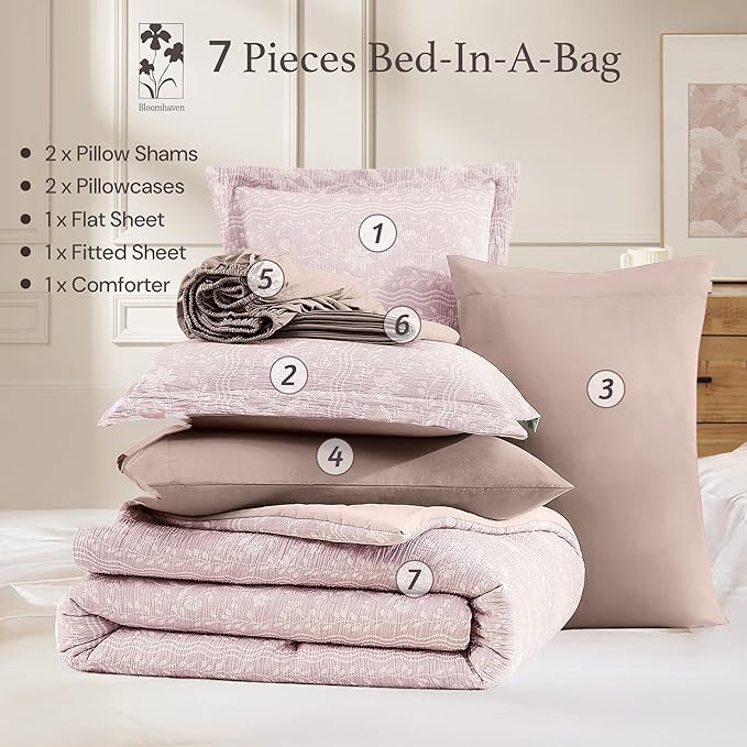 King Comforter Set -7 Pieces Floral Pink Comforter Set for All Seasons, Bed in a Bag King with Botanical Flowers Comforter, Sheets, Pillowcases & Shams