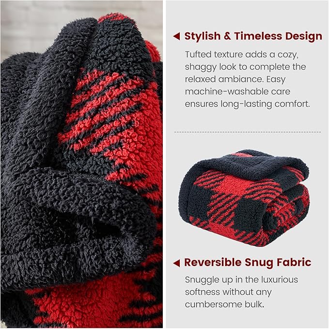 Cozy Bliss Ultra Soft Reversible Double Sherpa Sided Blanket, Buffalo Plaid Throw Blanket Fluffy Thick Warm Plush Fuzzy Blanket for Couch, Bed and Gifts (Red/Black Buffalo Check, 50" x 60")