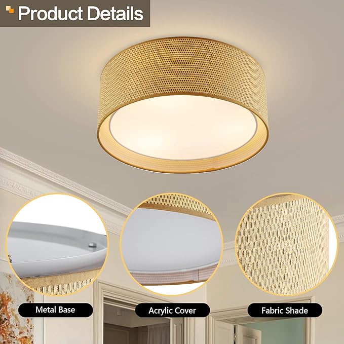 WINGBO 15.7" Modern 3-Light Flush Mount Ceiling Light Fixture with Fabric & Acrylic Double Drum Shade for Bedroom Living Room Dining Room Hallway Entryway, Flaxen