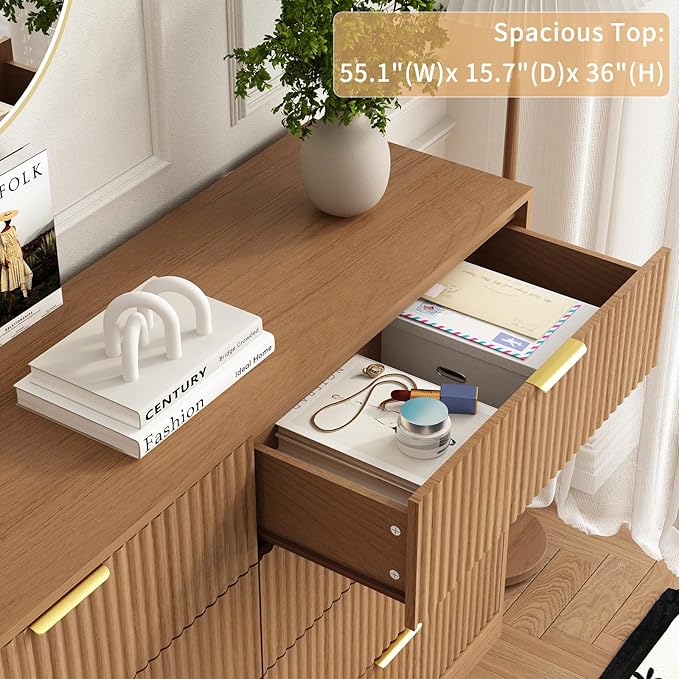 8 Drawer Dresser for Bedroom, Modern Fluted Double Dresser, 55" Wide Chest of Dressers, Mid Century Wooden Beside Table for Closet, Living Room and Entryway, Natural