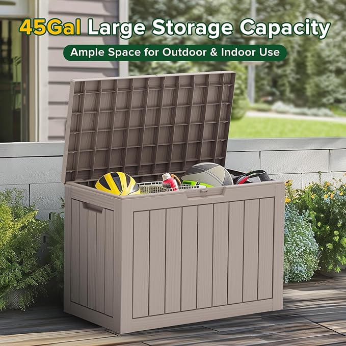 45GAL Brown Outdoor Storage Deck Box with Lock Hole – Waterproof, SGS - Tested UV Protection, Perfect for Patio Pillows & Pool Floats, Sturdy All - Weather Design