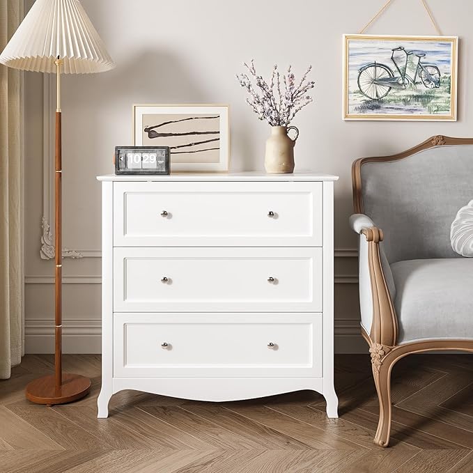 VINGLI White Dresser 3 Drawer Chest of Drawers for Bedroom, Painted Wood Dresser with Large Drawers and Curved Legs, 31.5" W Large Nightstand, 31.5" W*15.75" D*31.5" H