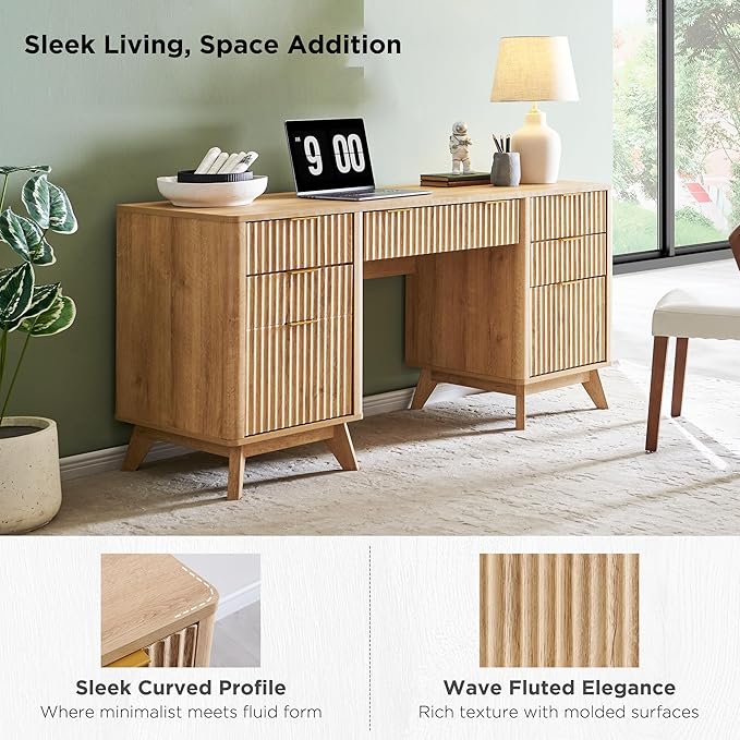 T4TREAM Fluted Executive Desk with Drawers, 60" Modern Home Office Computer Desk with Charging Station, File Cabinet, Keyboard Tray and Storage Cabinet for Study, Living Room, Bedroom, Natural Oak
