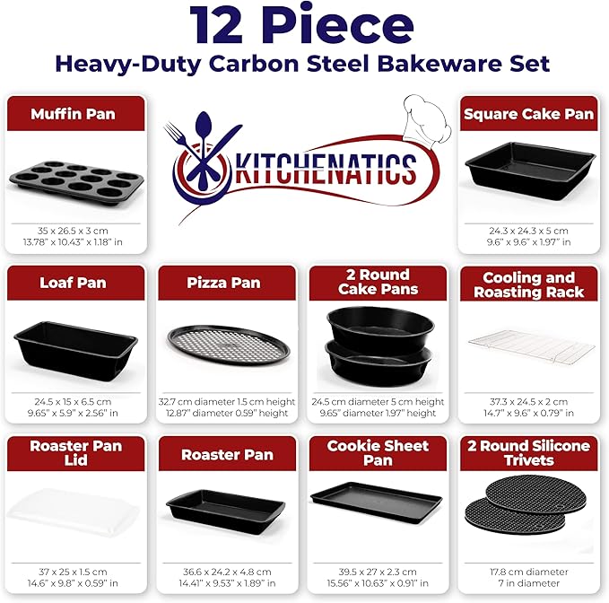 KITCHENATICS 12 PC Carbon Steel Baking Pans Set Nonstick, Kitchen Essentials for New Home, Nonstick Bakeware Sets with Cake and Muffin Tins, Non Stick Bread and Oven Pan - Black Stackable Bakeware Set