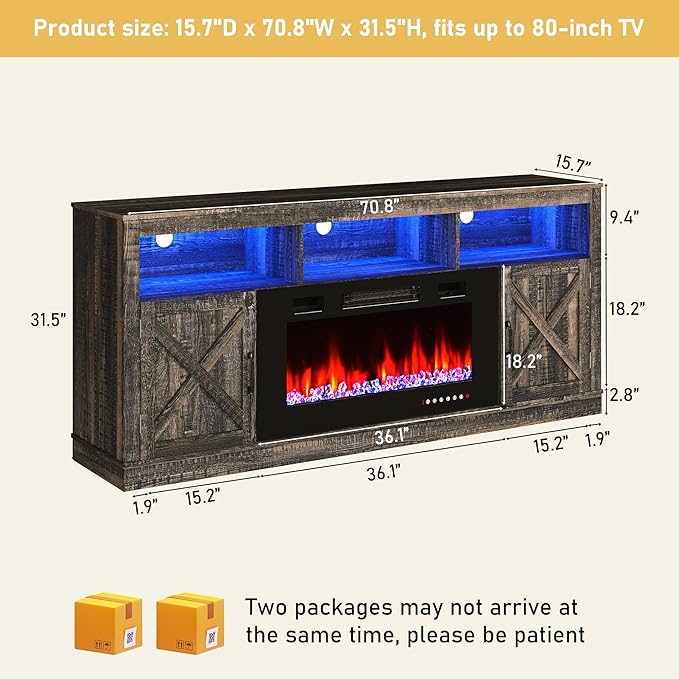 Farmhouse TV Stand with 36" Fireplace for 80" TV, 70" Fireplace Entertainment Center with Barn Doors and LED Light, Tall Fireplace TV Stands for Living Room, Dark Rustic Oak