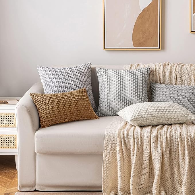 MIULEE Throw Pillow Covers Soft Corduroy Decorative Eruo Sham Set of 2 Boho Striped Pillow Covers Pillowcases Farmhouse Home Decor for Couch Bed Sofa Living Room 24x24 Inch Light Coffee