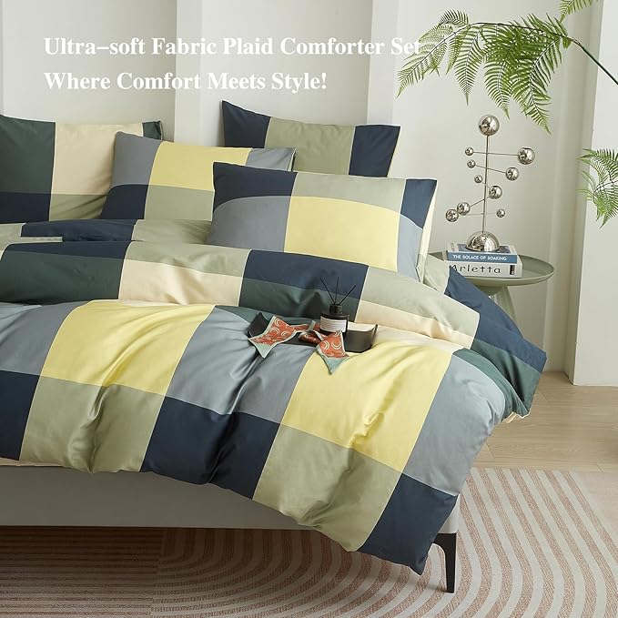mixinni King Comforter Set Men Boys Geometric Checkered Plaid Printed Bedding Comforter for All Season Soft Lightweight Bedding Set-(King Size, Green,Yellow,Khaki)