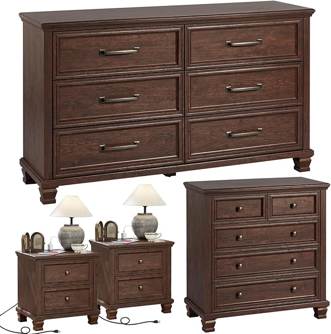 Farmhouse Walnut Bedroom Sets of 4, Includes 6 Drawer Large Dresser, Low 2 Drawers Night Stand with Charging Station, Small 5 Chest of Drawers, Wood Rustic Dresser & Nightstand Set for Home