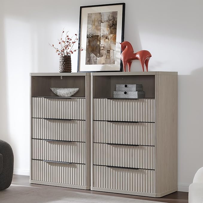 SICOTAS Dresser for Bedroom - Tall Dressers & Chests of Drawers with 4 Drawers Large Modern Dresser for Closet Fluted Wide TV Stand Clothes Closet Storage for Bedroom Hallway Entryway, White Alder