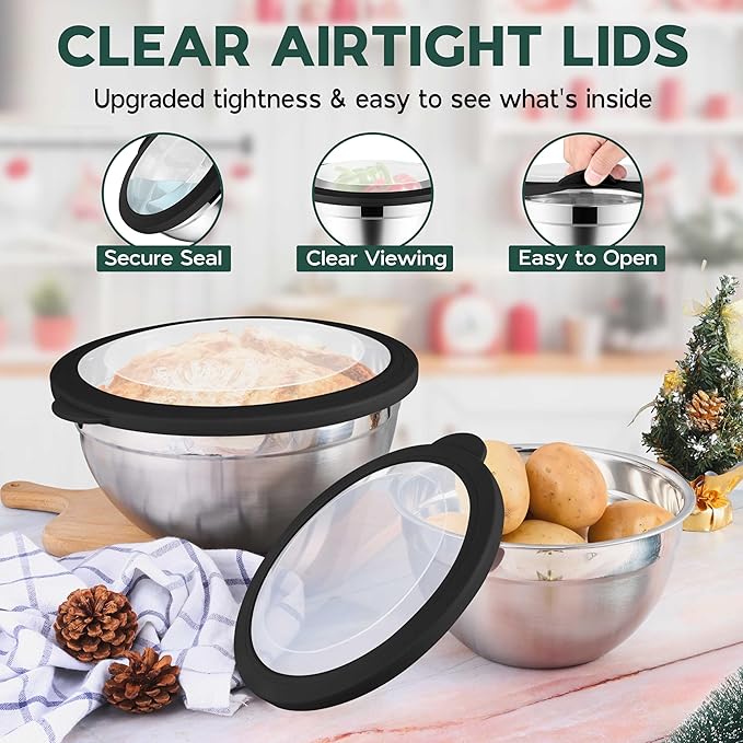 Stainless Steel Mixing Bowls with Black Lids, Metal Nesting Mixing Bowl Set of 5 - Size 1.5, 2, 2.6, 3.5, 4.6QT