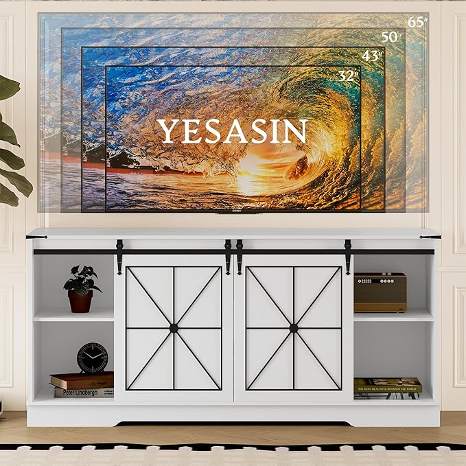 Farmhouse TV Stand for 55 60 65 Inch TV,Mid Century Modern TV Cabinet with Storage Sliding Barn Doors,Easy Assembly,Entertainment Center Console Table for Bedroom Living Room-White&Metal Black