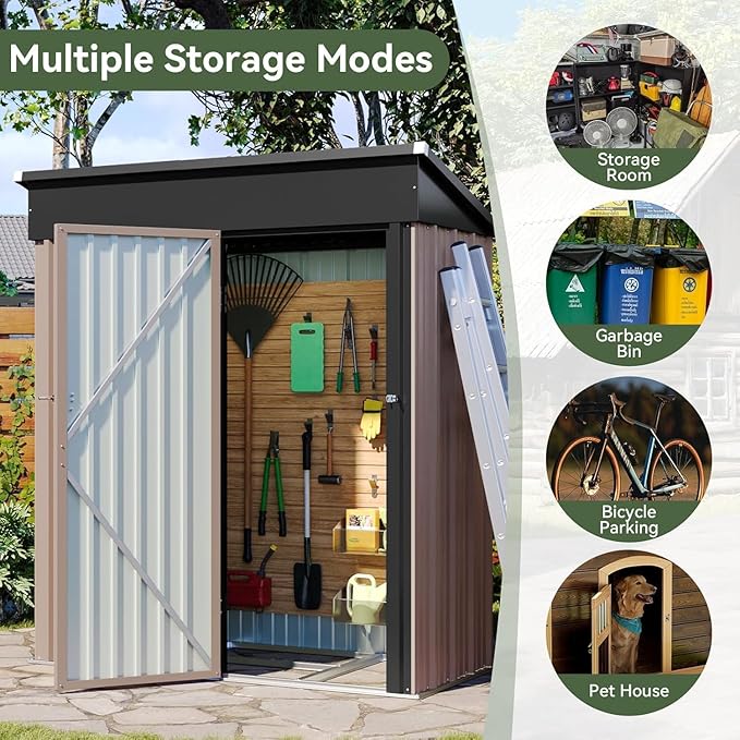 Aoxun 5x3 ft Galvanized Metal Outdoor Storage Shed with Base Slanted Roof Tool House with Stainless Latch & Base Frame Durable Weather-Resistant Garden Shed for Patio, Brown