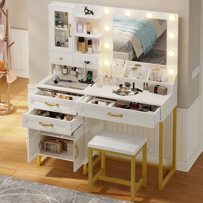 Vanity Desk with Mirror & Lights, Upholstered Stool & Power Outlet, Makeup Vanity Set with Glass Top Drawers, Shelves & Cabinets, Modern White & Gold