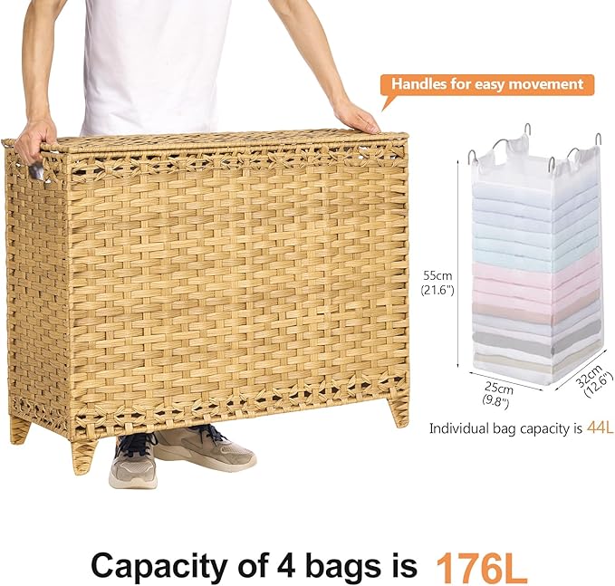 Laundry Hamper with 4 Removable Liner Bags; 176L Handwoven Rattan Laundry Basket with Lid & Heightened Feet; Clothes Hamper with Side Handles (Natural)