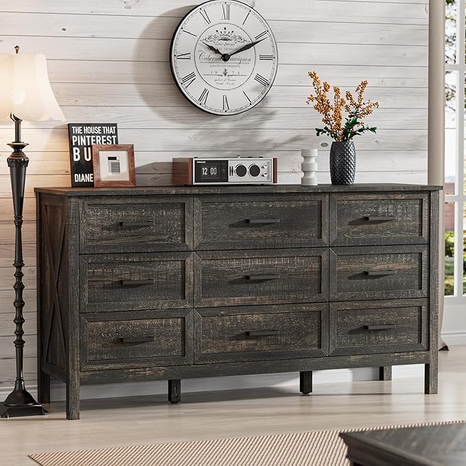 LYNSOM Farmhouse 9 Drawers Dresser for Bedroom, 55" Wide Wood Rustic Chest of Drawers with Natural Texture, Metal Handle, Storage Dressers Organizer for Entryway, Hallway, Dark Rustic Oak