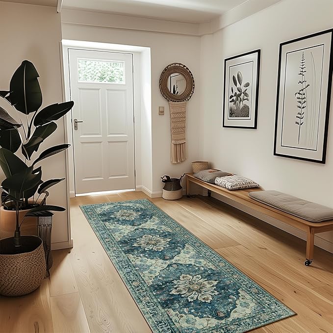 Area Rugs 2'x8' Washable Non-Slip, Floral Vintage Distress Print Pattern Medallion Carpet for Living Room Bedroom Dining Room, Dark Blue Vintage