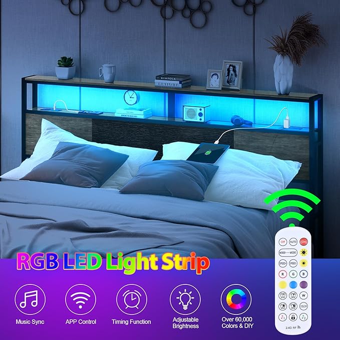 Headboard King Size, Headboards with Charging Station, USB Port and LED Light, Head Board with 2-Tier Storage Shelf, Adjustable Height, Easy Assembly, Sturdy and Stable, Black