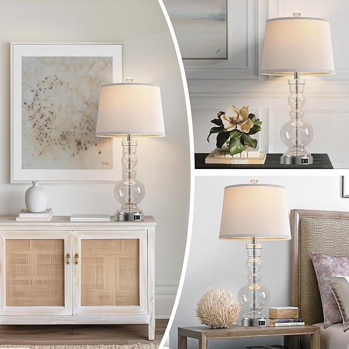 Hamucd 3-Way Dimmable Touch Control Clear Grey Glass Table Lamps Set of 2 with USB A+C for Modern Comtemporary Bedroom Nightstand Living Room Decor(Bulbs Included) (Clear)