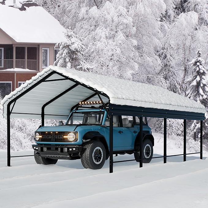 Walsunny Metal Carport 12x20 FT Heavy Duty Carport Canopy with Enhanced Base, Outdoor Car Shelter with Galvanized Steel Roof and Frame Garage for Truck, SUV, Boat, Gray