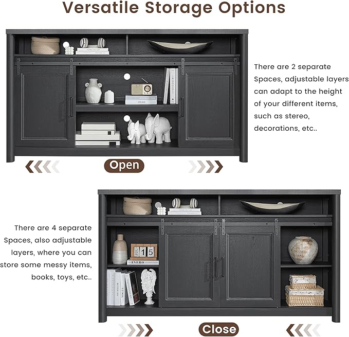 Farmhouse TV Stand for Living Room, Large Black Entertainment Center with Storage, TV Console for Bedroom, TV Stand with Sliding Barn Door Television Stands for 80 Inch TV, 38 Inch Tall Media Cabinet