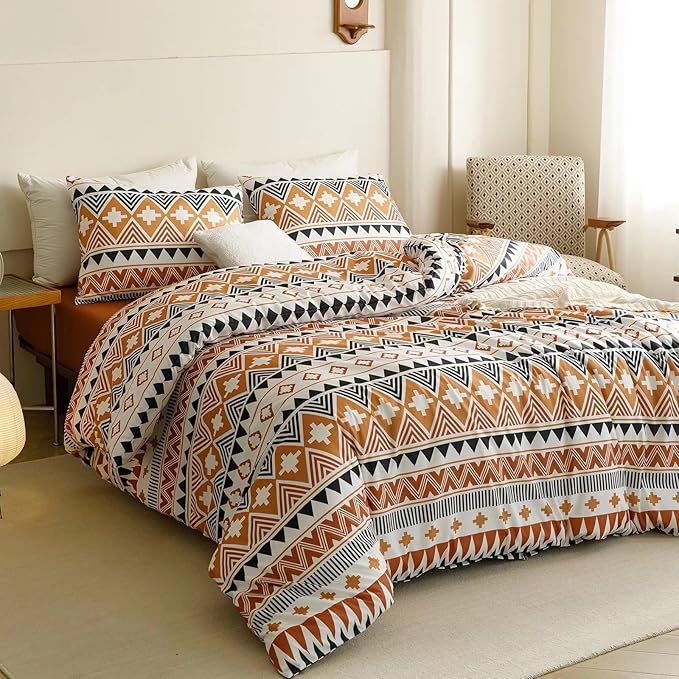 Luxlovery Aztec Comforter Set Cal King Boho Geometric Bedding Set Beige Orange Black Colorful Farmhouse Blanket Quilts Soft Rustic 3PCS Comforter Set California King