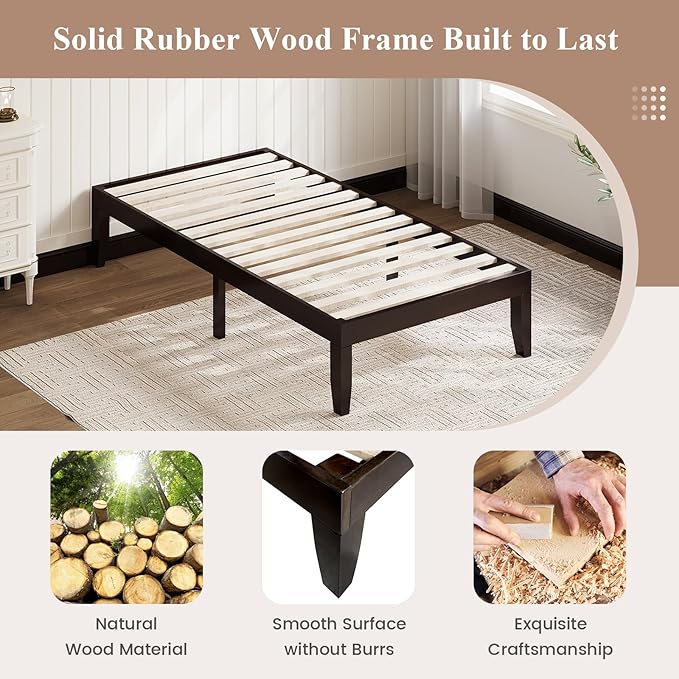 Giantex 14 Inch Twin Wood Platform Bed Frame, Minimalist Mattress Foundation with Solid Rubber Wood, Heavy Duty Wood Slat Support, Without Headboard, Easy Assembly, No Box Spring Needed, Espresso