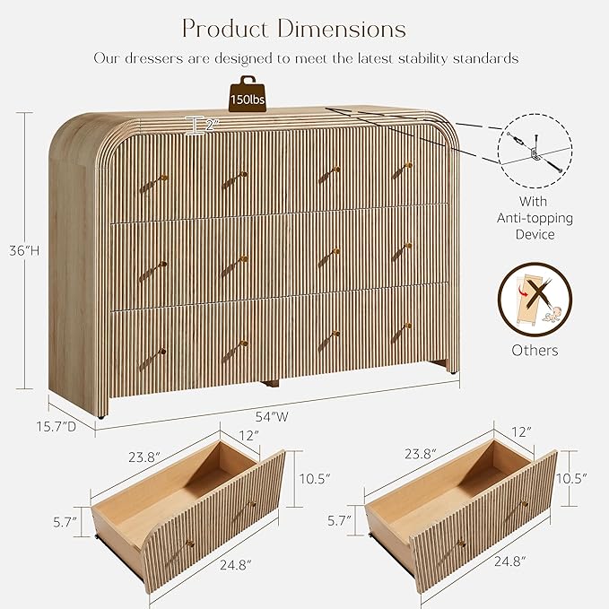 T4TREAM Fluted 6 Drawers Dresser for Bedroom, 54" Wide Modern Chest of Drawers with Thickened Curved Profile Design, Wood Dressers TV Stand for Bedroom, Living Room, Hallway, Natural Oak
