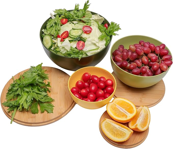 Salad Bowl Set of 3 with Bamboo Lids, Mixing Bowl Set, Nesting Bowls for Space Saving Storage, Made with Durable Eco-Friendly Bamboo Fiber, Great for Prepping and Serving Food (3 Colors)