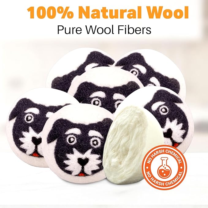 Wool Dryer Balls Organic Felt 6 Pack Laundry Fabric Softener, Extra Large Reusable Handmade Natural Sheep Wool Lint Wrinkle Free Anti Static Baby Safe (Black White Dog)