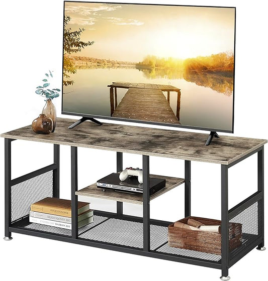 VECELO TV Stand Up to 50 Inches, 39 Inch Industrial Entertainment Center Media Console with Open Storage Shelves, Wooden Coffee Table with Metal Frame, Grey