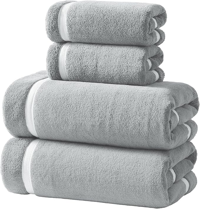 REDKISS Soft 4 Piece Bath Towel Set - 2 Handtowels, 2 Bathtowels | Super Absorbent, No Lint & No Fading,Ultra-Fiber Coral Fleece | Perfect for Bathroom, Spa, Gym | Family & Adults-Grey Gray Sets