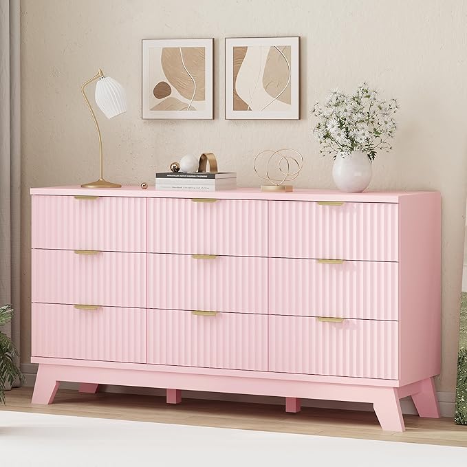 Fluted Dresser for Bedroom with 9 Drawers, 57" Wide Modern Chest of Drawers with Metal Handle, Wooden Dresser TV Stand, Wood Closet Clothes Storage Organizer for Living Room, Hallway, Pink