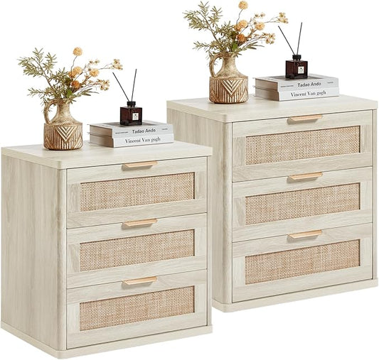 LEYAOYAO Rattan Night Stand Set 2 with Drawers, 23" Large Boho Nightstand, 3 Drawer Grey White Bedside Table Storage Cabinet, Bed Side End Tables Chest of Drawers, Living Room, Hallway, Closet