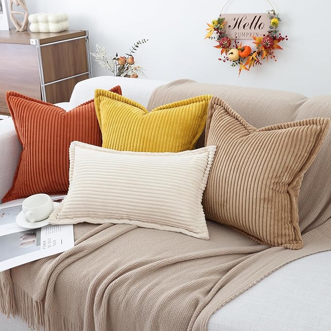 Mecatny Corduroy Fall Throw Pillow Covers 26x26 Set of 2, Neutral Decorative Soft Burnt Orange Boho Couch Pillow Covers with Broadside for Sofa Living Room, Rust