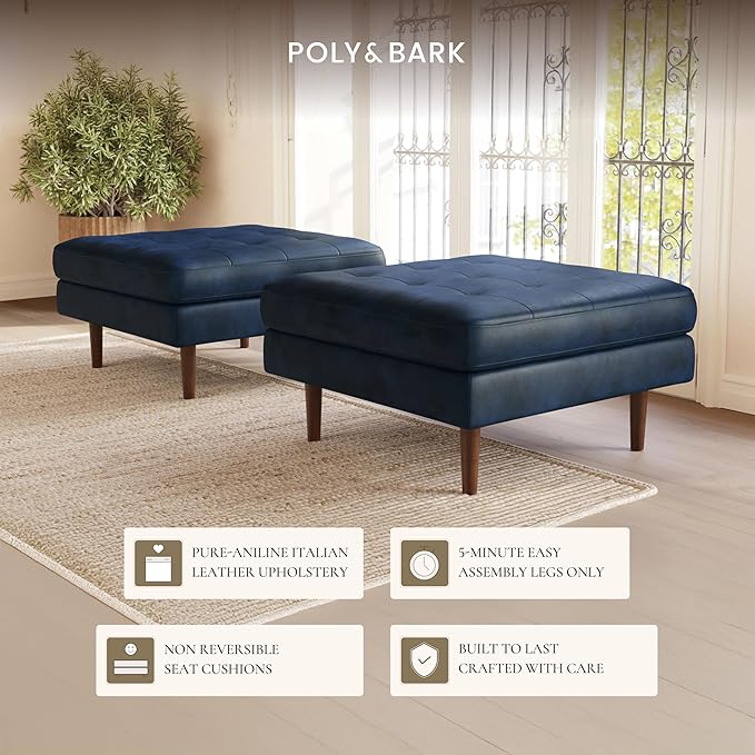 POLY & BARK Napa Ottoman in Full-Grain Semi-Aniline Italian Tanned Leather in Midnight Blue