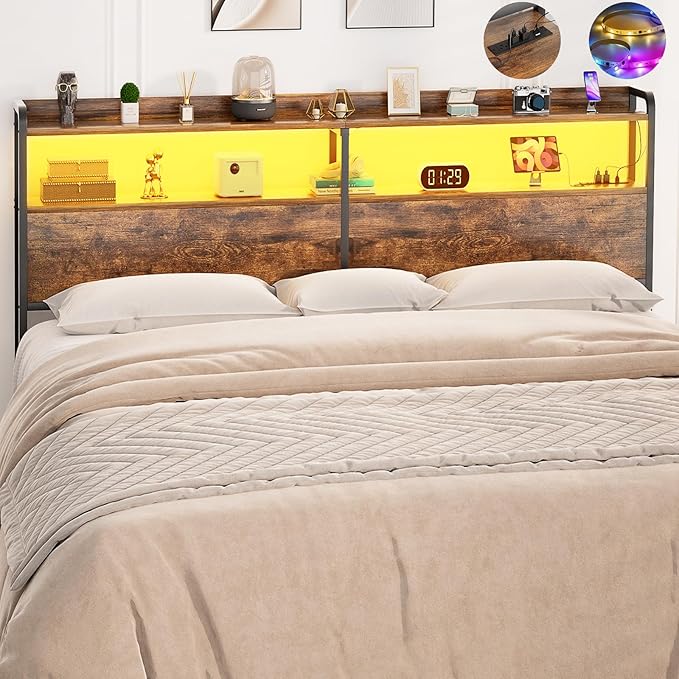 Aheaplus Headboard for King Size Bed Frame, Headboards with Outlets, USB Ports and LED Light, Head Board with Storage, Height Adjustable, Sturdy and Stable Headboard, King Size, Rustic Brown
