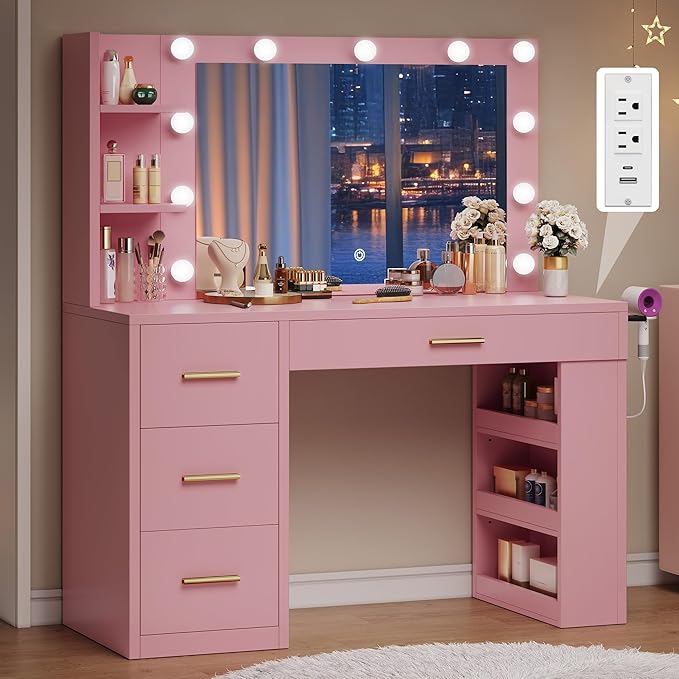 DWVO Vanity Desk with Mirror, Hollywood Lighted Makeup Mirror with 3 Lighting Modes, Power Outlets, Hairdryer Holder, Vanity Table with Ample Storage for Bedroom, Bathroom, Pink