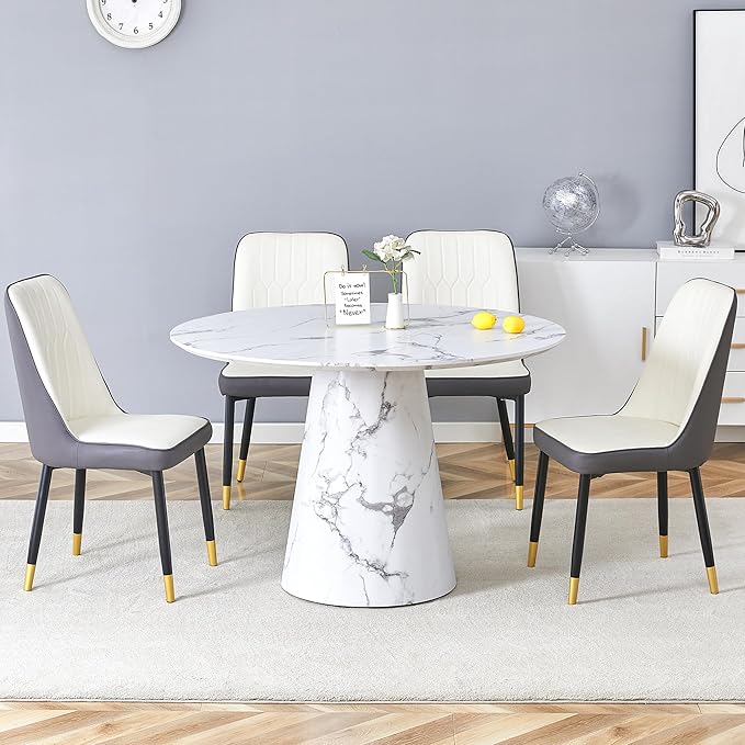 45 Inch Round Dining Table Set for 4, 5 Piece Kitchen Table and Chairs Set, White Faux Marble Table Top, Small Space Dining Set for Apartment or Dining Room